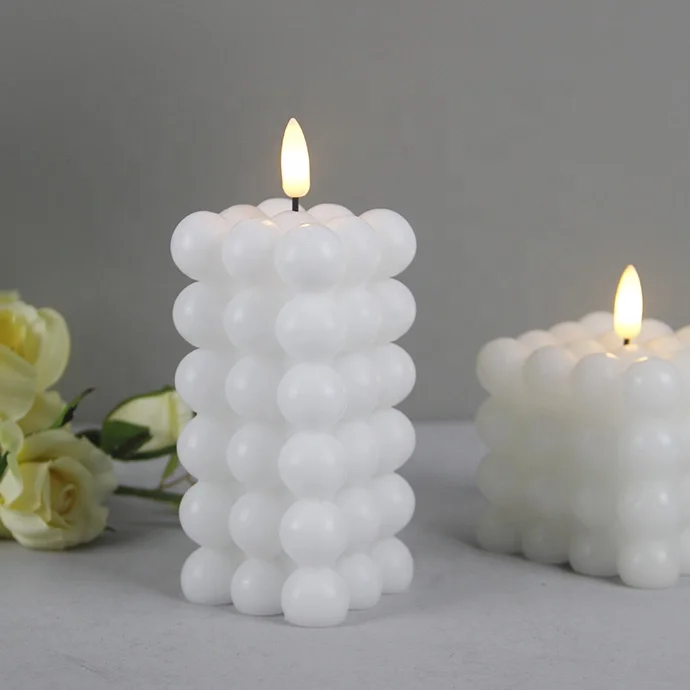 Valentines Day Flickering Real Wax Bubble Cube LED Battery Operated White Flameless Candles with Timer