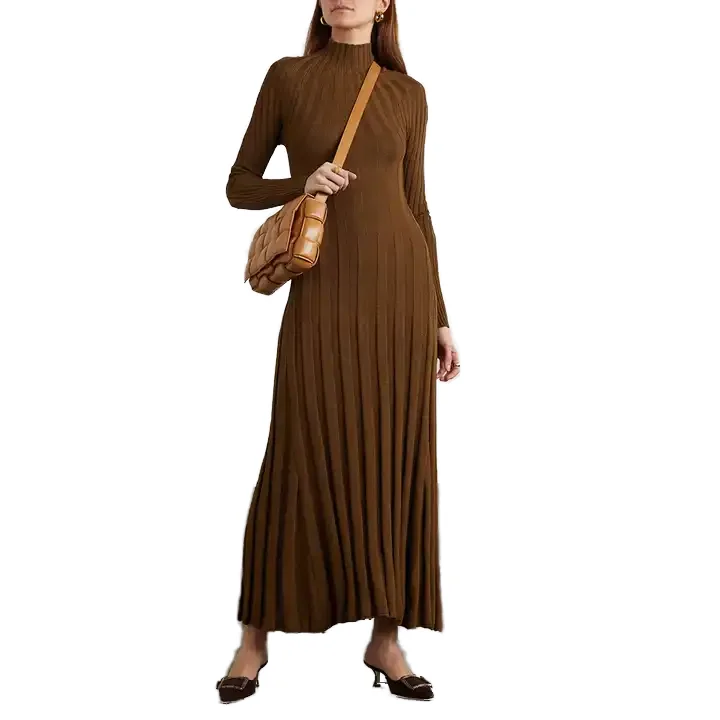 Новый дизайн, Лидер продаж, женское пикантное трикотажное платье макси с круглым вырезом, Осеннее плиссированное платье-свитер от ведущих производителей