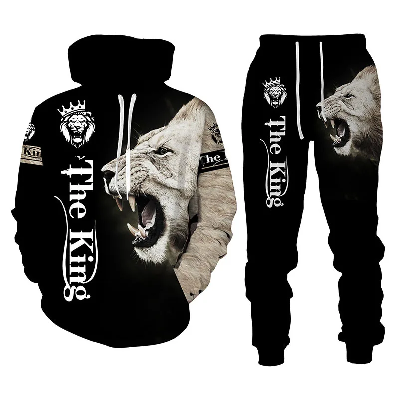 OEM ODM Anime Clothing Lion Custom Hoodie Made Sublimation Track Suit Sweat Suits 3d Print Two Piece Pant Set For Men