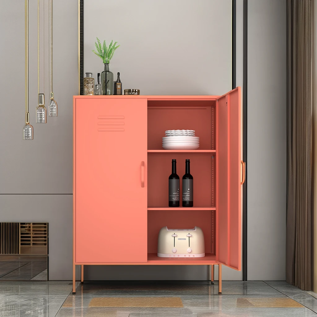 Modern Style Sideboards Metal Buffet Side Cabinet Kitchen Storage Cabinet Steel White Storage Locker,Knock Down,Medium Height