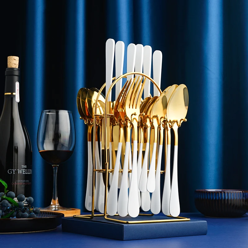 Gold Stainless Steel 24 Pieces Cutlery Sets With Stand knife fork spoon tableware