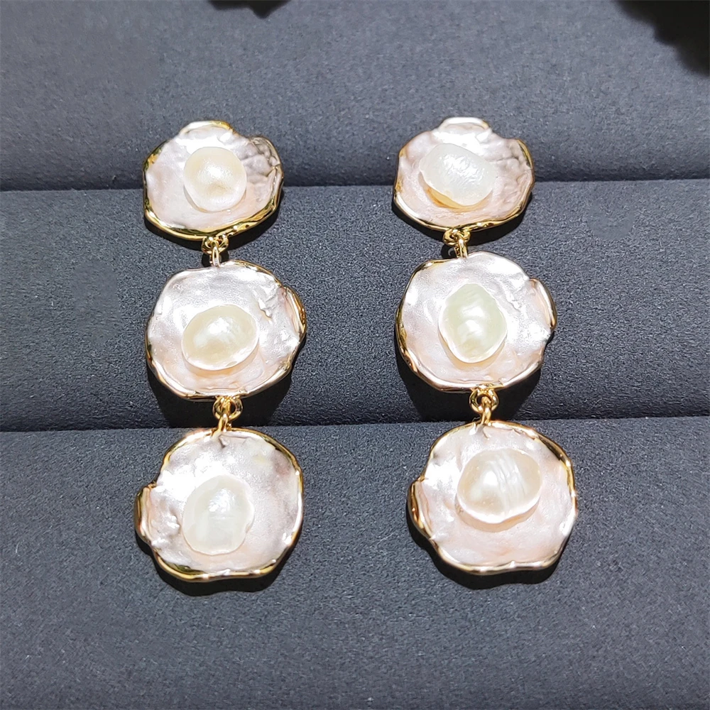 Unique fashion freshwater pearl gold plated earrings three baroque pearl dangle stud earrings high quality jewelry for women