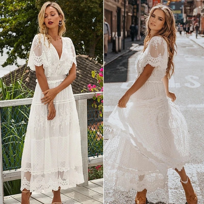 Custom Hollow Out White Dress Sexy Women Long Lace Dress Cross Semi-Sheer Plunge V-Neck Short Sleeve Lace Maxi Dress
