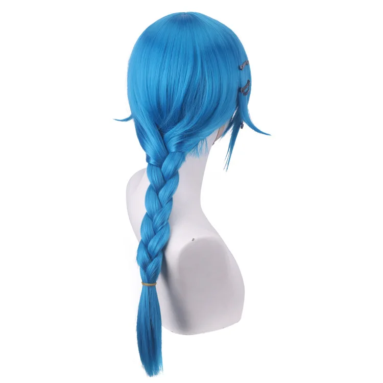 Ainizi high quality lake blue single braid teenager Jinx cosplay wig from Arcane: League of Legends