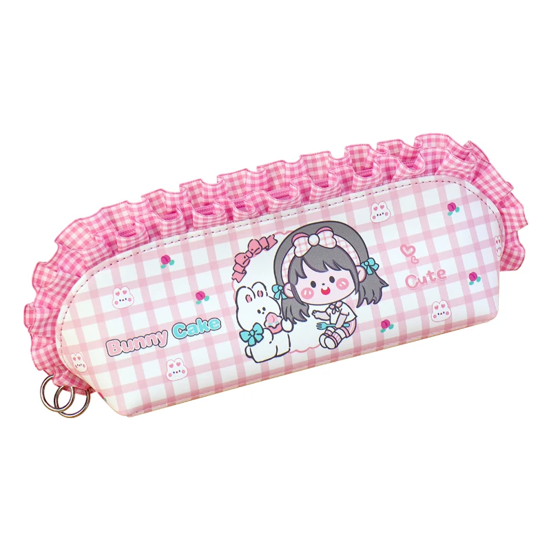 Primary school students cute lace plaid cartoon high-value ins large-capacity waterproof girl stationery pencil case