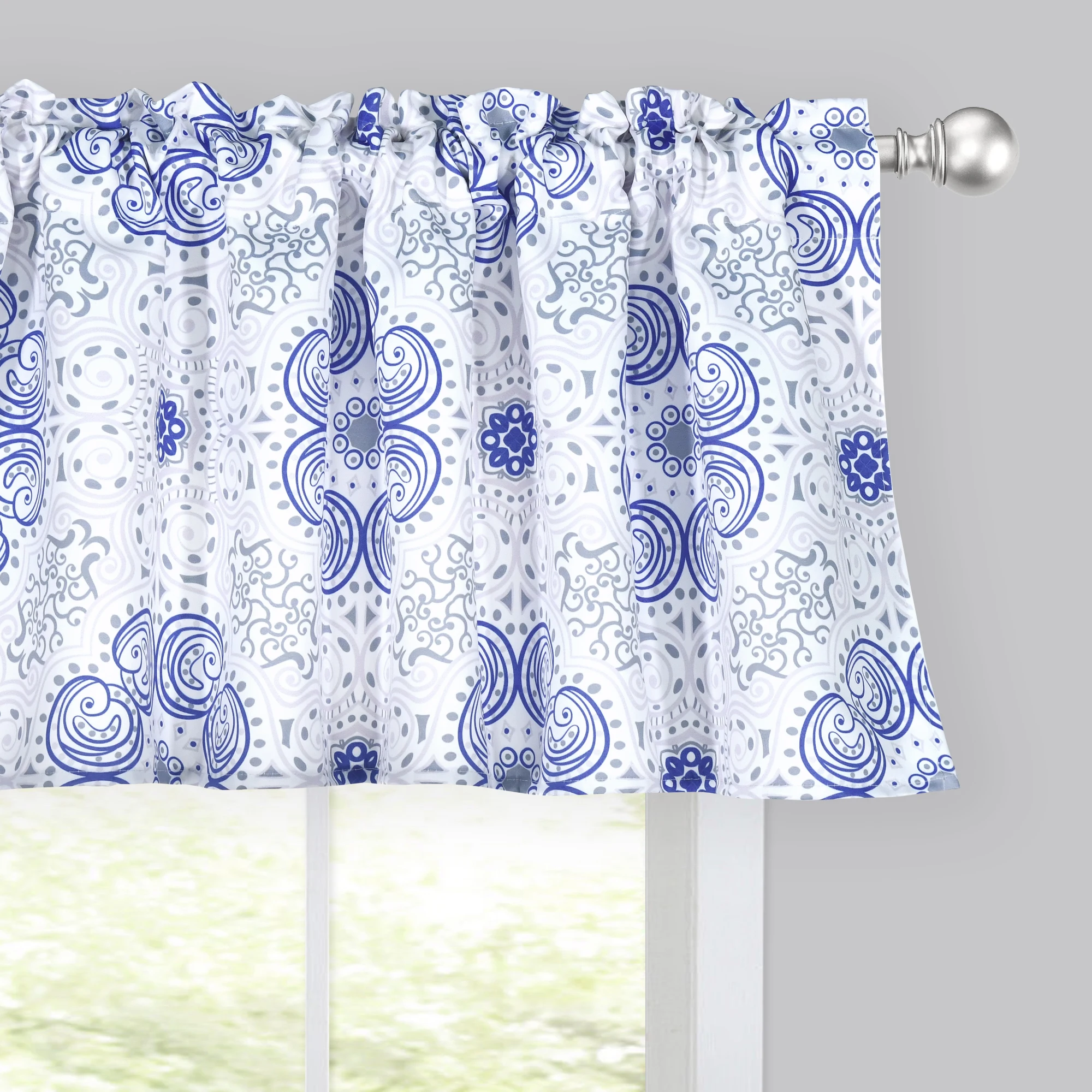 Blue Damask Medallion Printed Valance 52x18 Inch 100% Polyester 1 Piece/Pack