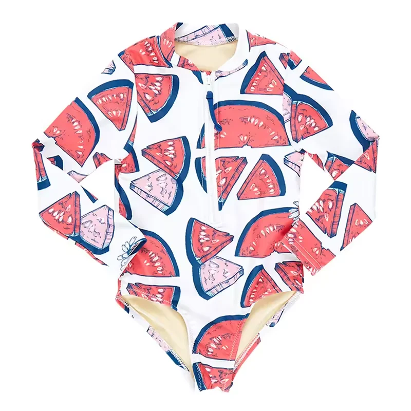 New Custom Watermelon Printing Casual Sun Protection Beachwear Long Sleeved One Piece Zipper Girls Swimwear 7-16
