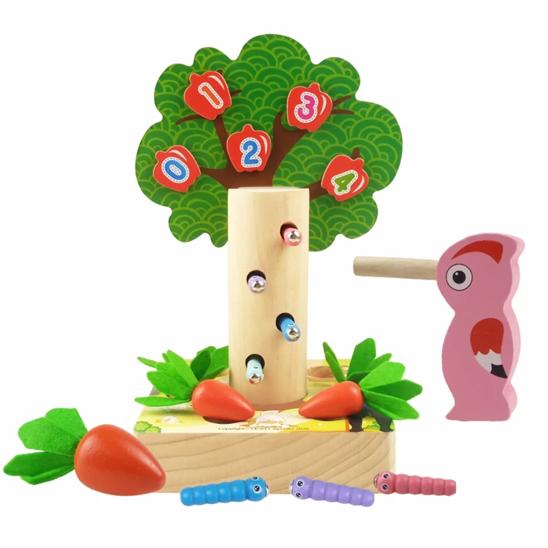 3 in 1 Kids animal wood tree toy worm catching game woodpecker find insect preschool educational toy