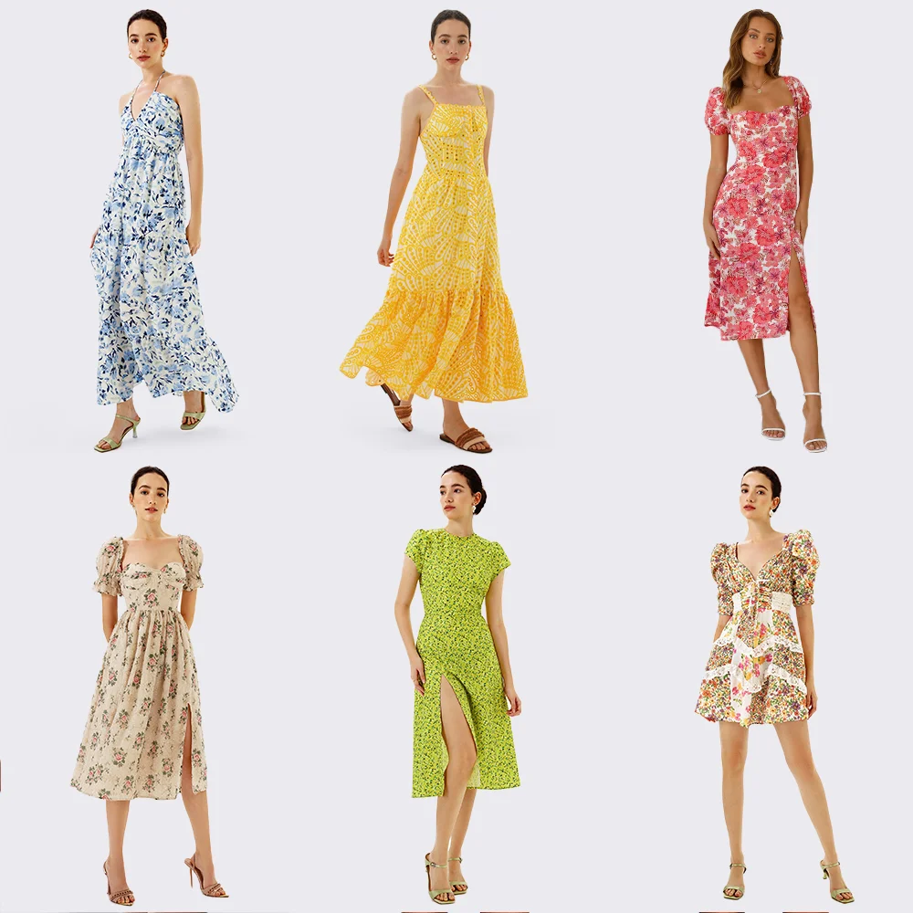 Women Summer Yellow Long Holiday Vacation Maxi Embroidered Dress For Women