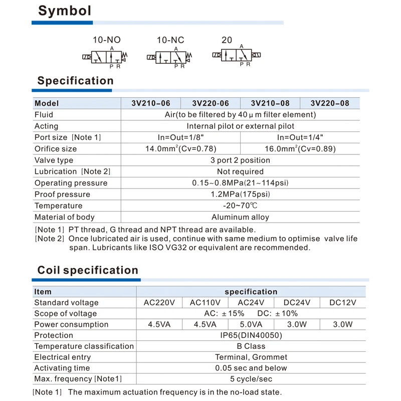DC24V Voltage 3V210-06 3V210-08 3 Way 2 Position Pilot Solenoid Valve 3V Air 3/2 Vavle AC220V DC12V