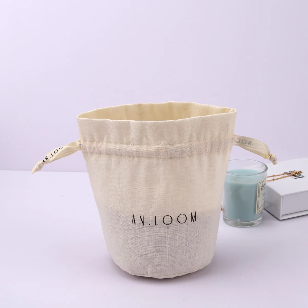 Custom Logo Printed Round Bottom Cotton Linen Candle Pouch Drawstring Muslin Gift Candle Packing Cotton Bag