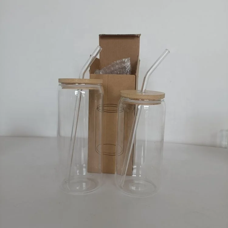 Clear hot selling Large 500ml 16oz Can Shaped Containers Bamboo Lid Cola Beer Glass Cup with Straw