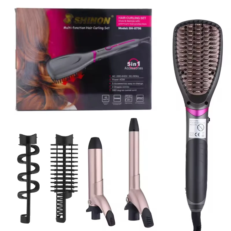 Suttik SH8756 Hair Straightener Brush Detachable Heating Curler Hair Flat Iron Curling wand Kit