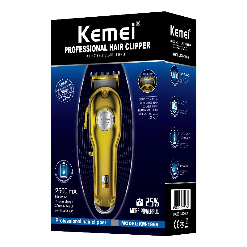 Kemei 1986 All-metal Barber Professional Hair Clippers Electric Cordless LCD Hair Trimmer Gold Silver Hair Cutting Machine Mower