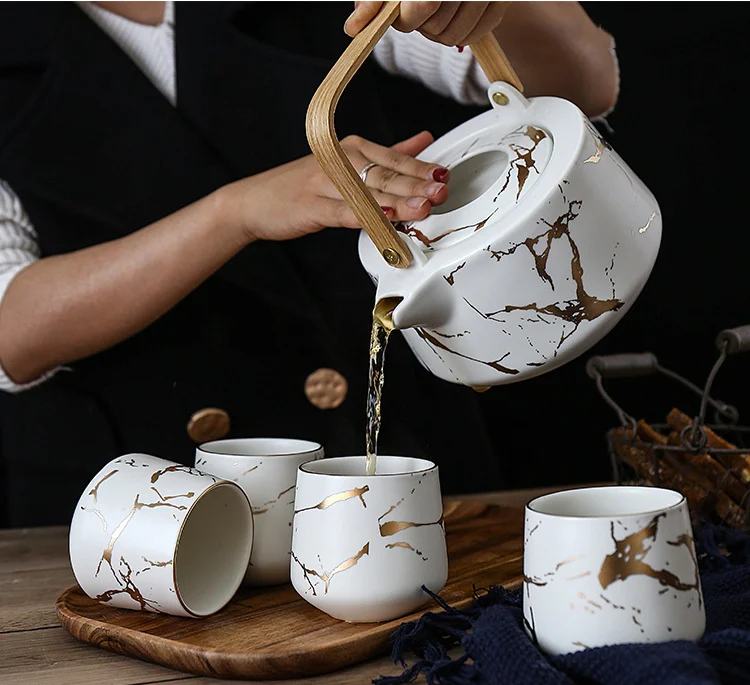 OH40 Japan Style Ceramic Teapot and Tea Cup Set with Wooden Stand