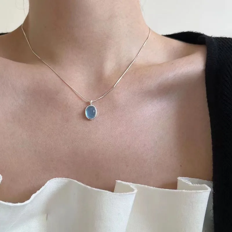 S925 Sterling Silver Moonstone Aquamarine Necklaces For Women Exquisite Snake Chain Choker Necklace Versatile Fashion Jewelry