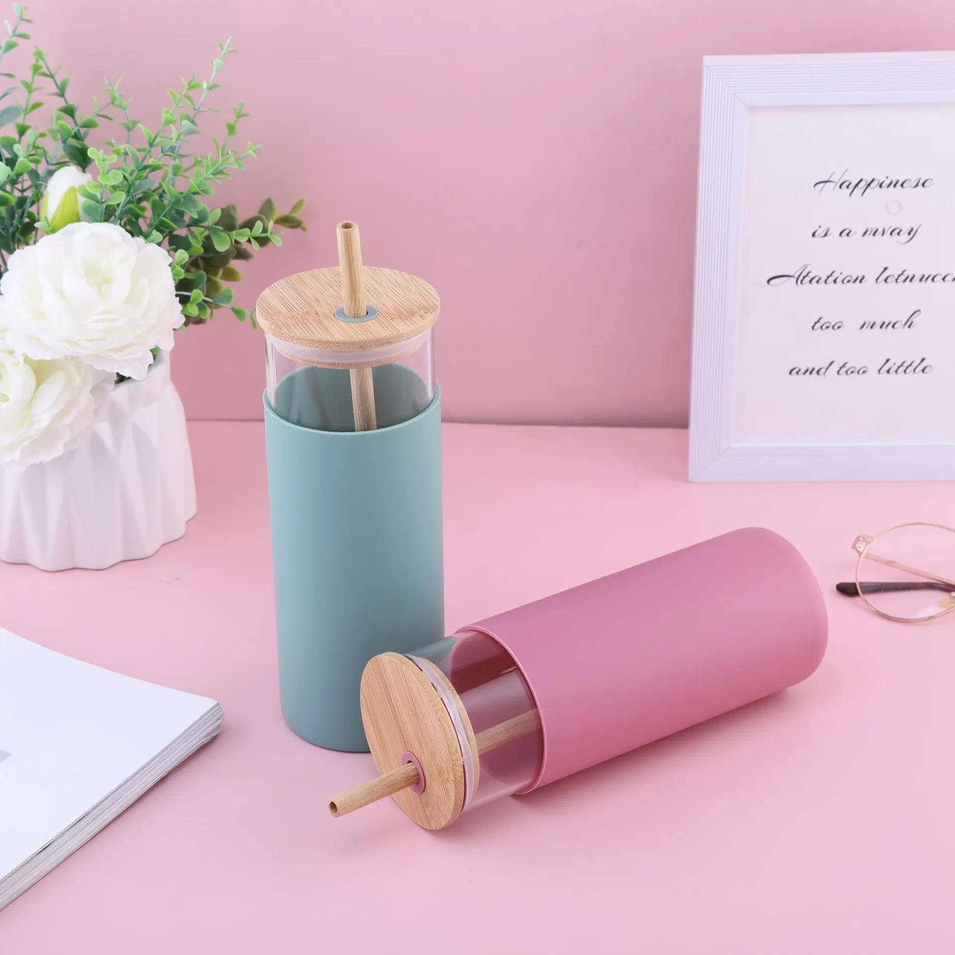 Sustainable Borosilicate Drinking Glass Cup 500ml with Bamboo Lid Espresso Cup Glass