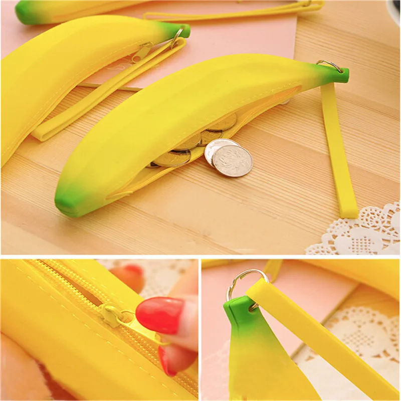 Unisex Men Women Girls Novelty Silicone Portable Banana Coin Pencil Pen Case Purse Bag Case Wallet Pouch with Keyring