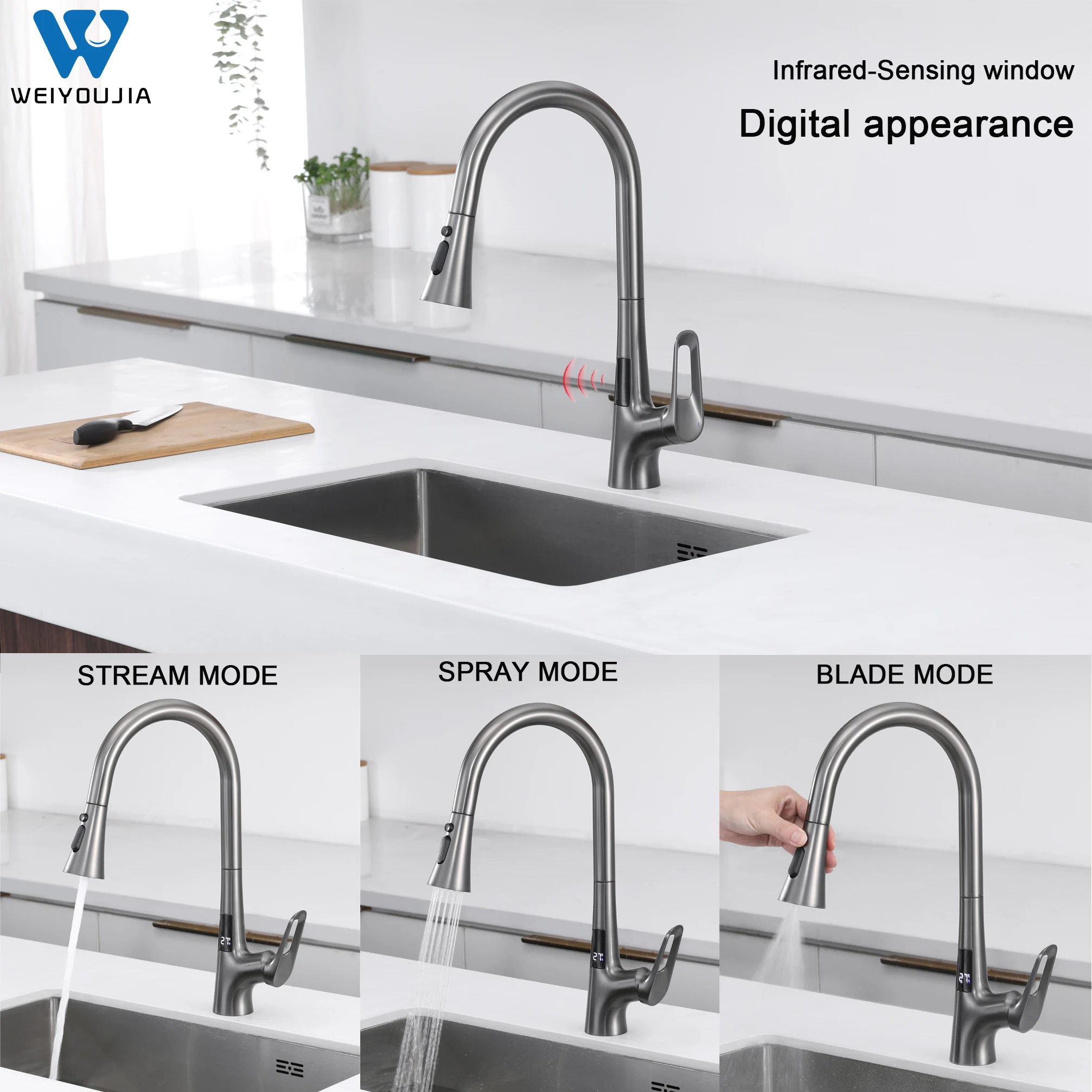 Hands-Free Single Handle Motion Sensor Smart Touchless Kitchen Faucet with Pull Down Sprayer