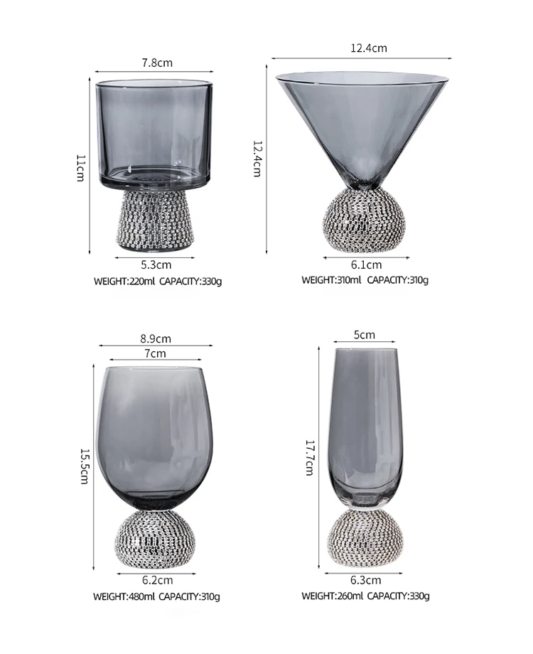 Customized Champagne Glasses With Diamond Handle Elegant Smoke Grey Crystal Drinking Cups Tall Glass Cup For Wedding & Party