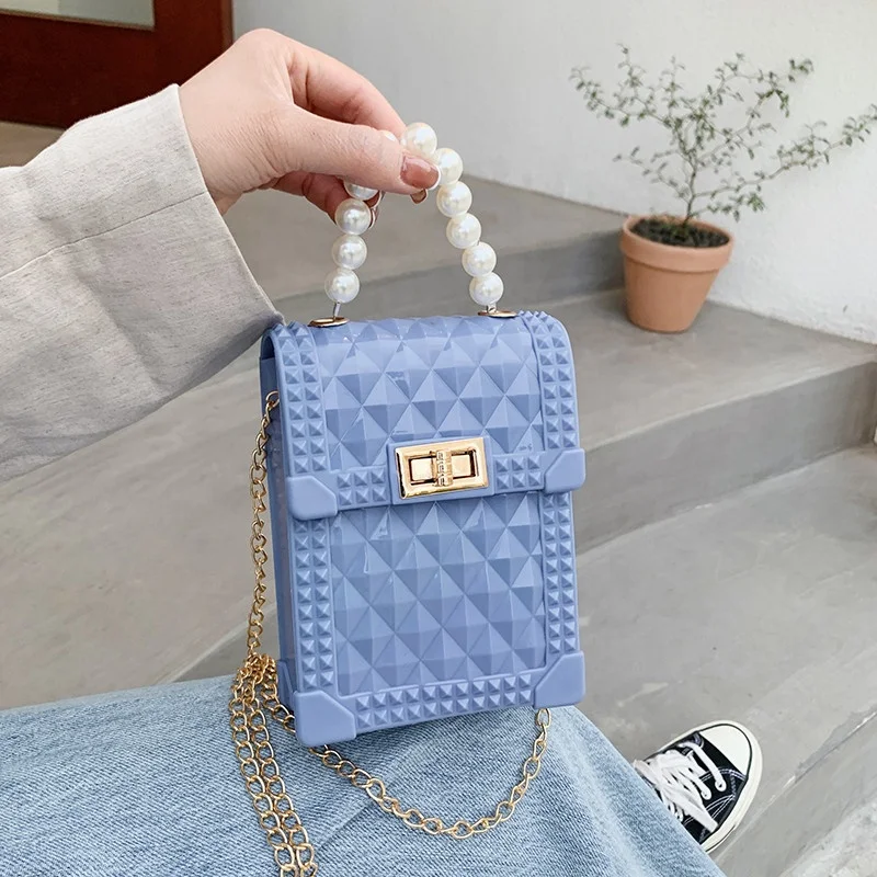 Fashion Pearls PVC Women Hand Bags Trendy Chains Solid Color Jelly Bag Summer Female Crossbody Messenger Bags