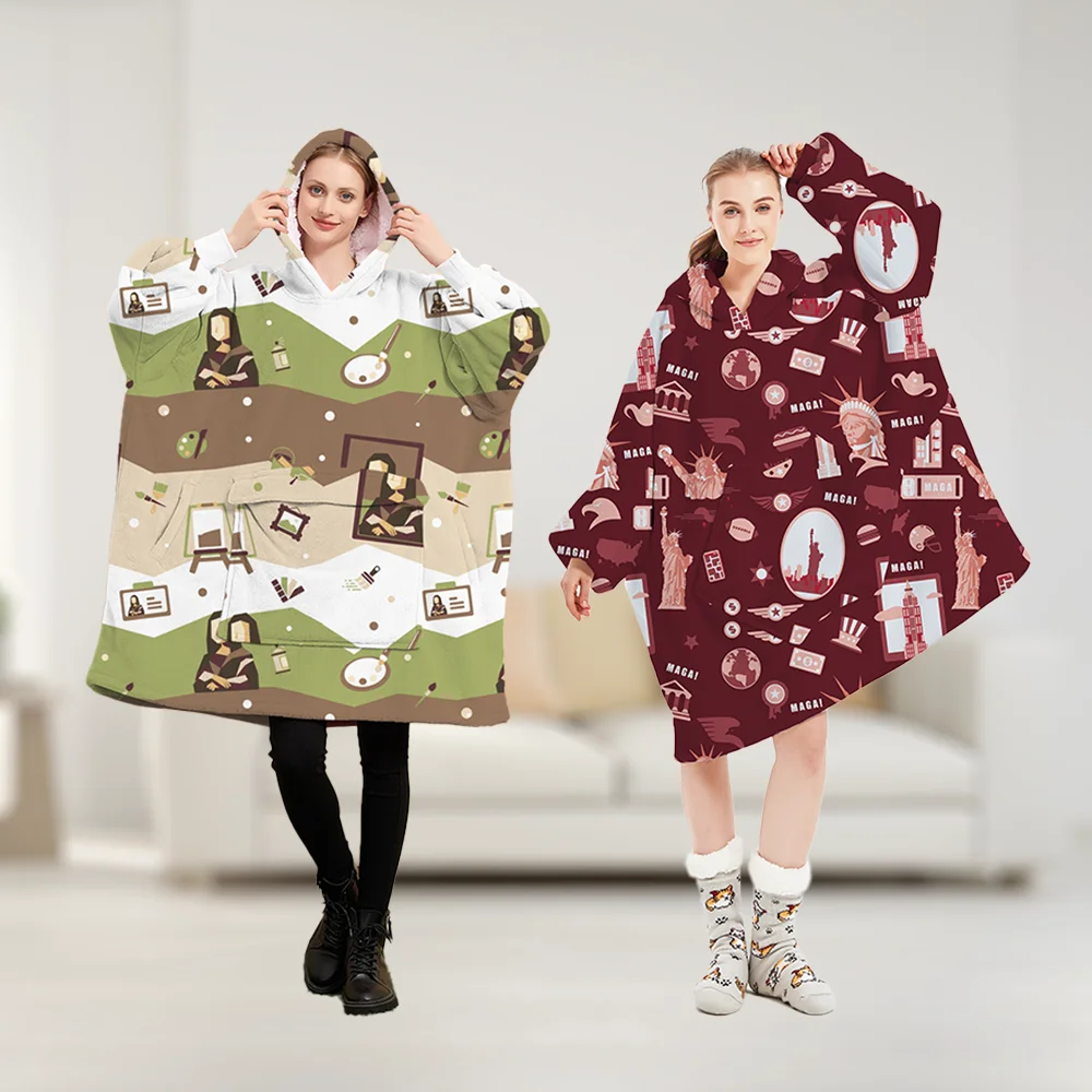 New Style Wearable Flannel Long Lined Soft Premium Fleece Warmer Full Custom Print Oversized Blanket Hoodie With Sleeves