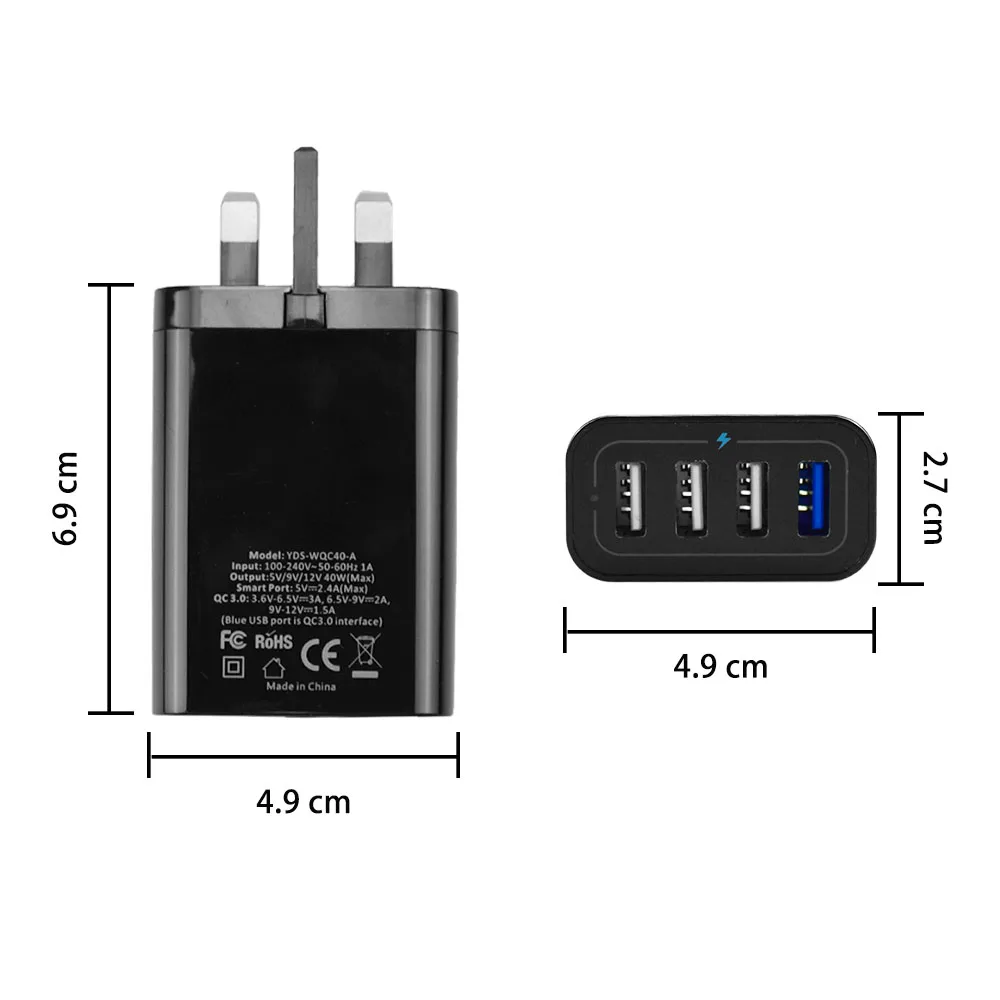 Hot Sales 40W USB&QC 3.0 5V 2.4A*3 With 4USB Fast Charger quick Charge 3.0 USB Wall AC 100V-240V plug in USB Universal charger
