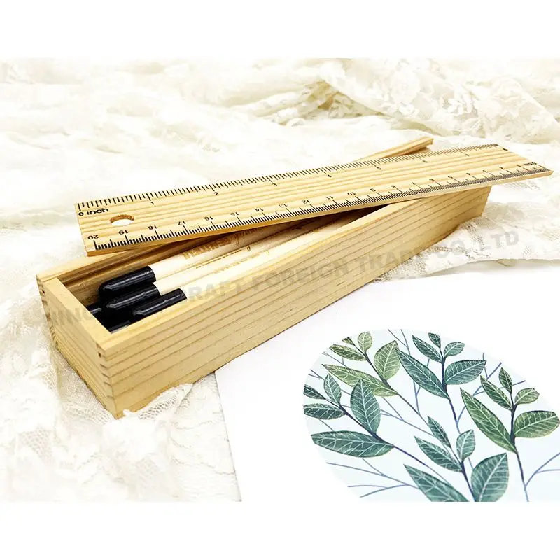 Custom stationery eco-friendly fancy wooden pencil box case with scale ruler alat tulis kantor fancy stationery items