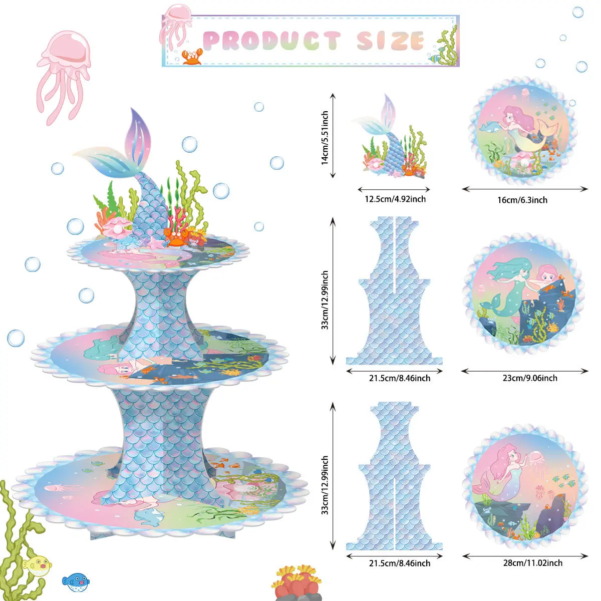 Mermaid Cake Stand 3 Tier Mermaid Party Supplies Mermaid Tail Cupcake Stand for Girls Underwater Theme Party