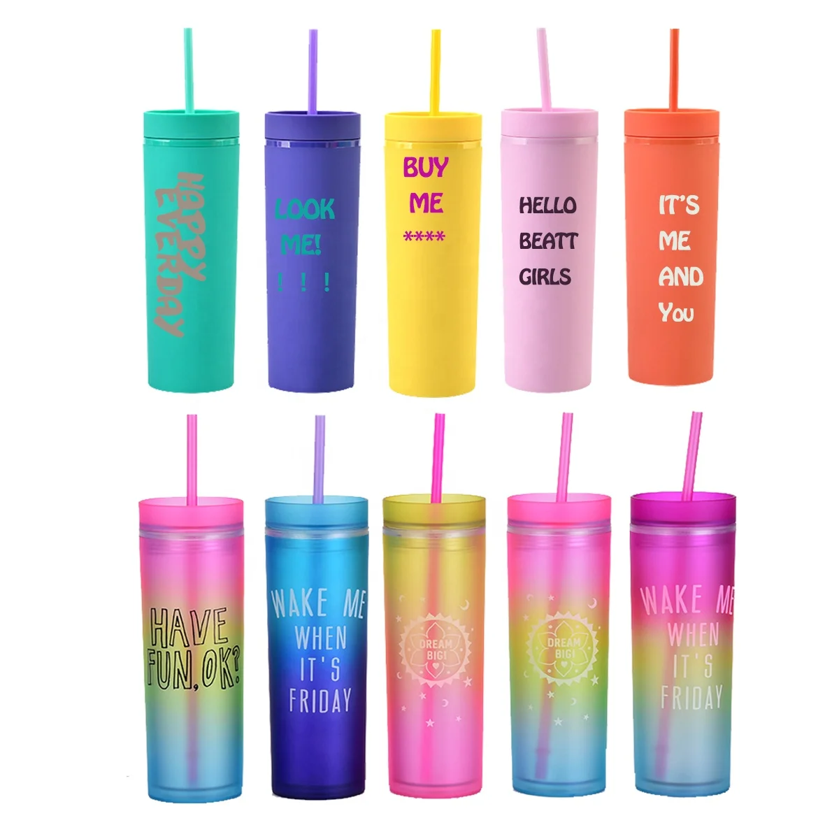 2021 New Promotion double wall 16oz matte Skinny Plastic Tumblers straw  plastic cups Lid