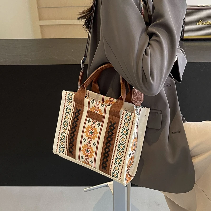 Trendy Vintage Canvas Tote Bag for Women Western Shoulder Purses Boho Aztec Satchel Handbags crossbody