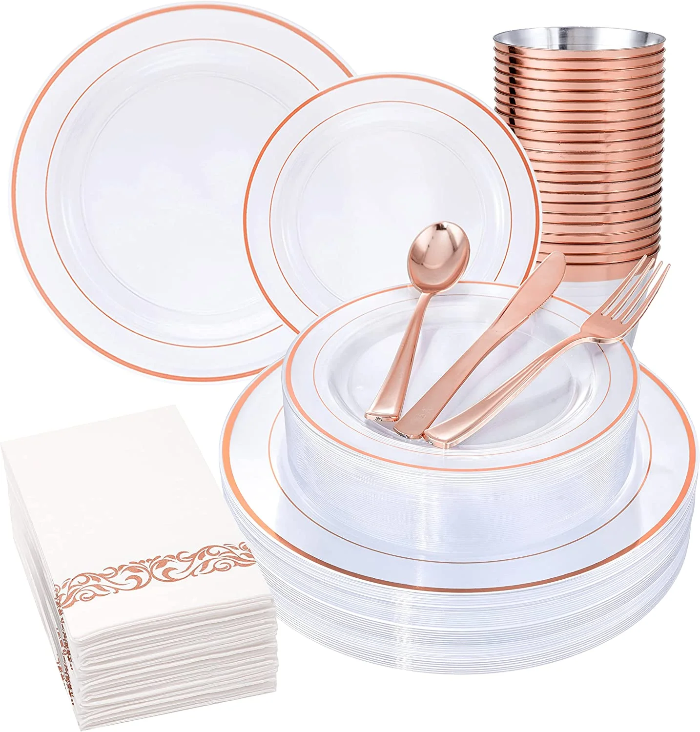 150pcs rose gold dinnerware set-25 Pack Rose Gold Rim Disposable Plastic Dinner Plates Sets for Wedding