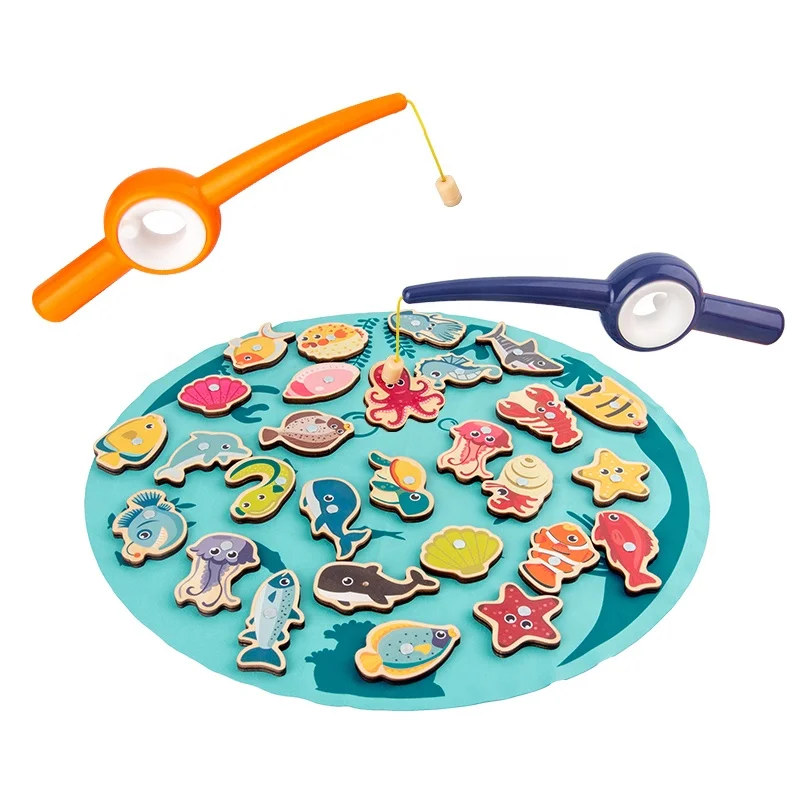 Wooden Magnetic Fishing Game for Kids Easy Learning and Physical Development with two magnetic fishing rods