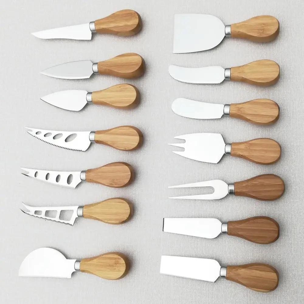 Ready to ship bamboo handle cheese cutter stainless steel cheese knife set