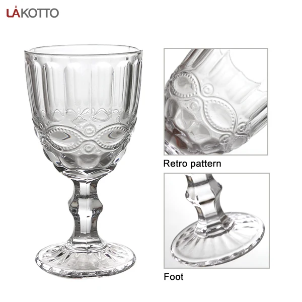 wholesale colored glassware embossed vintage transparent pressed goblet wine glass goblets