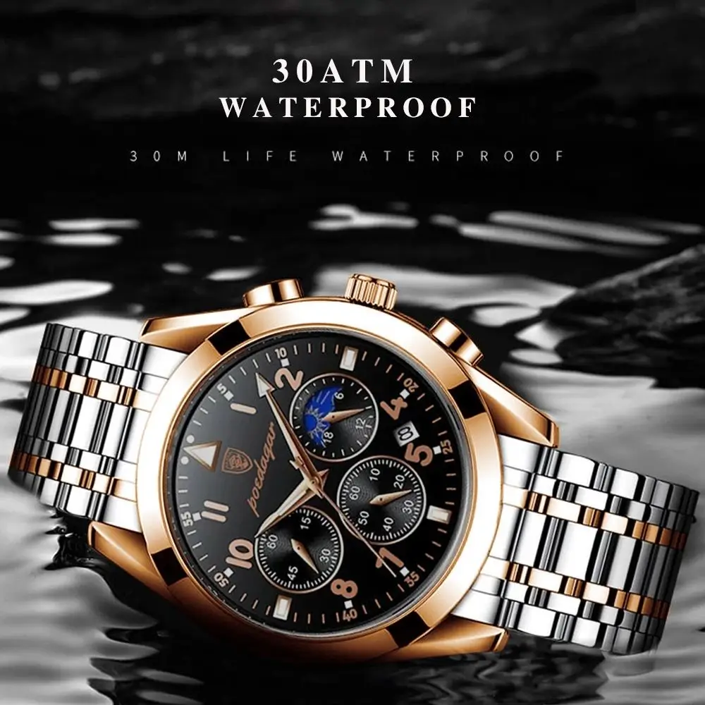 2023 New Men Watches Stainless Steel Rose Gold Wristwatch Waterproof Luminous Quartz Watches Fashion Relogio