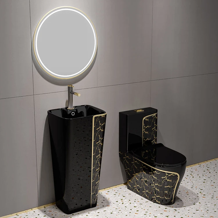 Luxury siphonic flush bathroom set wc one piece ceramic toilet and sink set black gold color toilet bowl