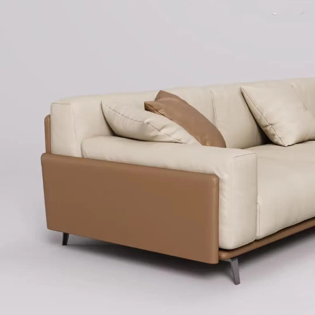 Modern simple straight row full leather sofa villa flat floor living room Italian light luxury down leather sofa