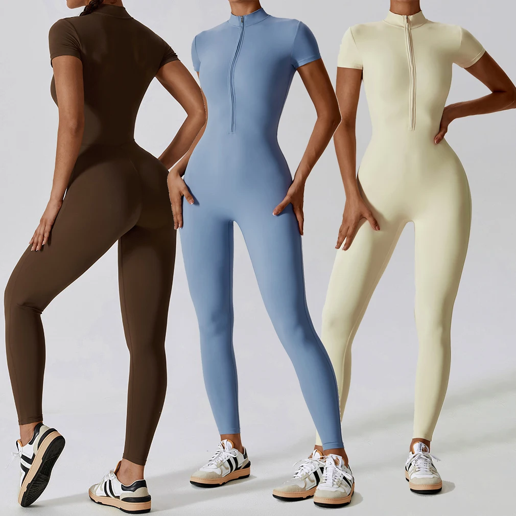 YIYI New Design Half Zipper High Neck Workout Rompers Girls Half Sleeves Naked Feeling Athletic Jumpsuits Gym Bodysuit For Women