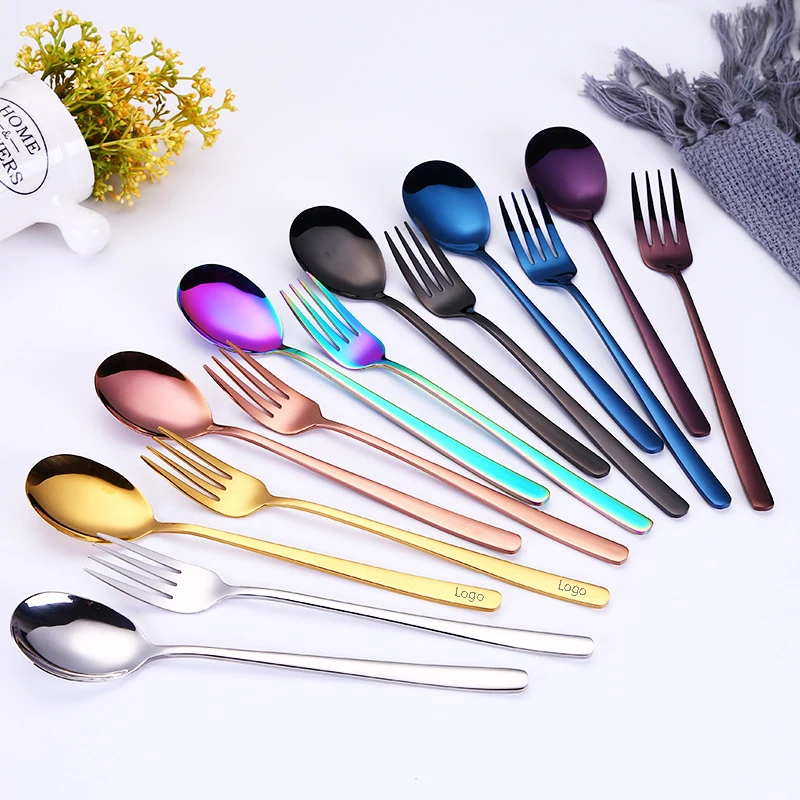 Customized Korea Spoon and Fork Colorful Long Handle Korean Kitchen Table Spoon Fork Set