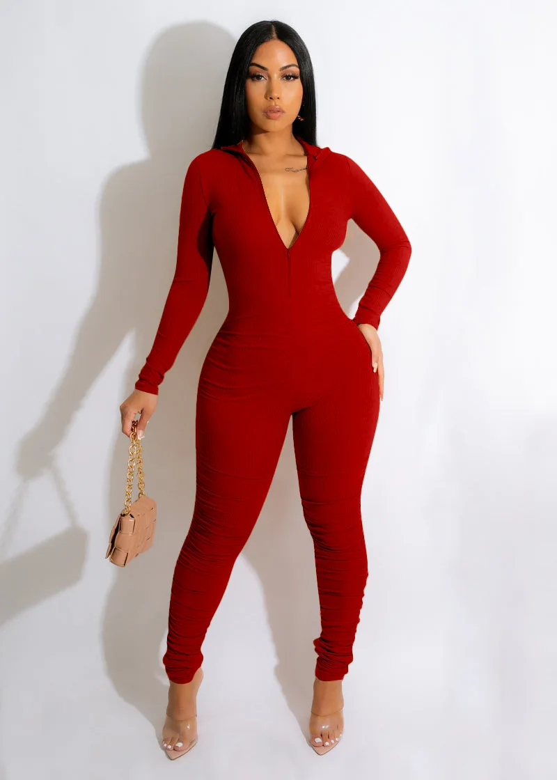 Sexy women jumpsuits Amazon new fall winter threaded zipper V neck butt lift sexy women jumpsuit 2023 jumpsuit