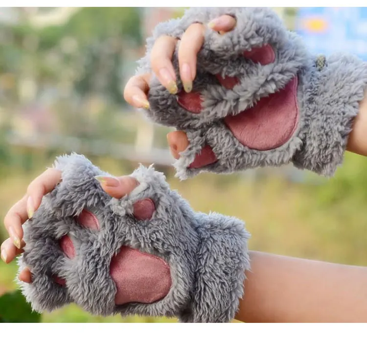 2021 Fashion Ladies  Winter Cute Mitten Soft Half Finger Gloves Warm Paw Cat Claw Plush Fingerless Gloves