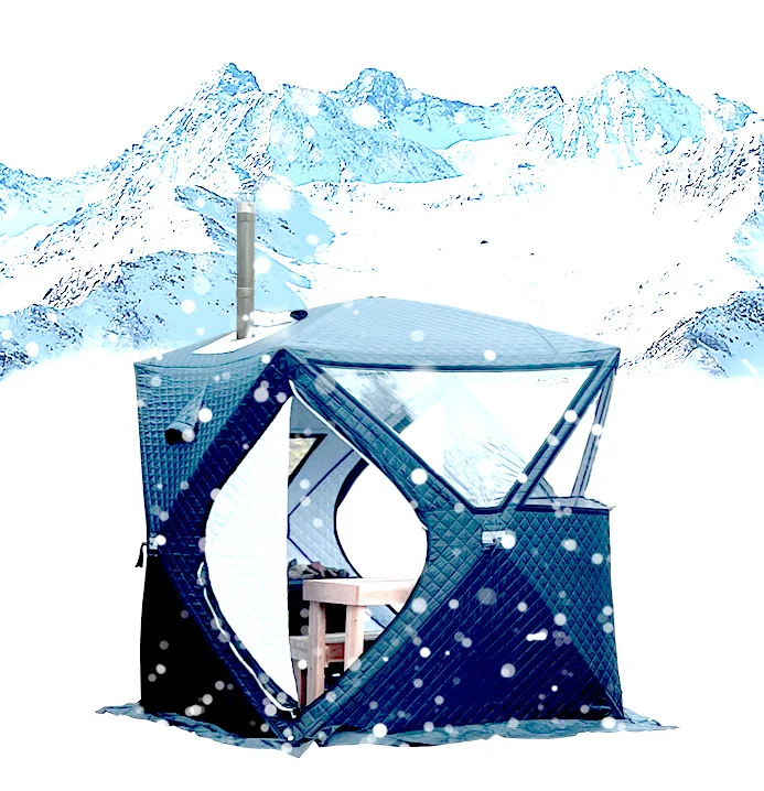 Outdoor multi person year-round sauna with thickened warmth, winter fishing tent, large window, chimney mouth, quick opening