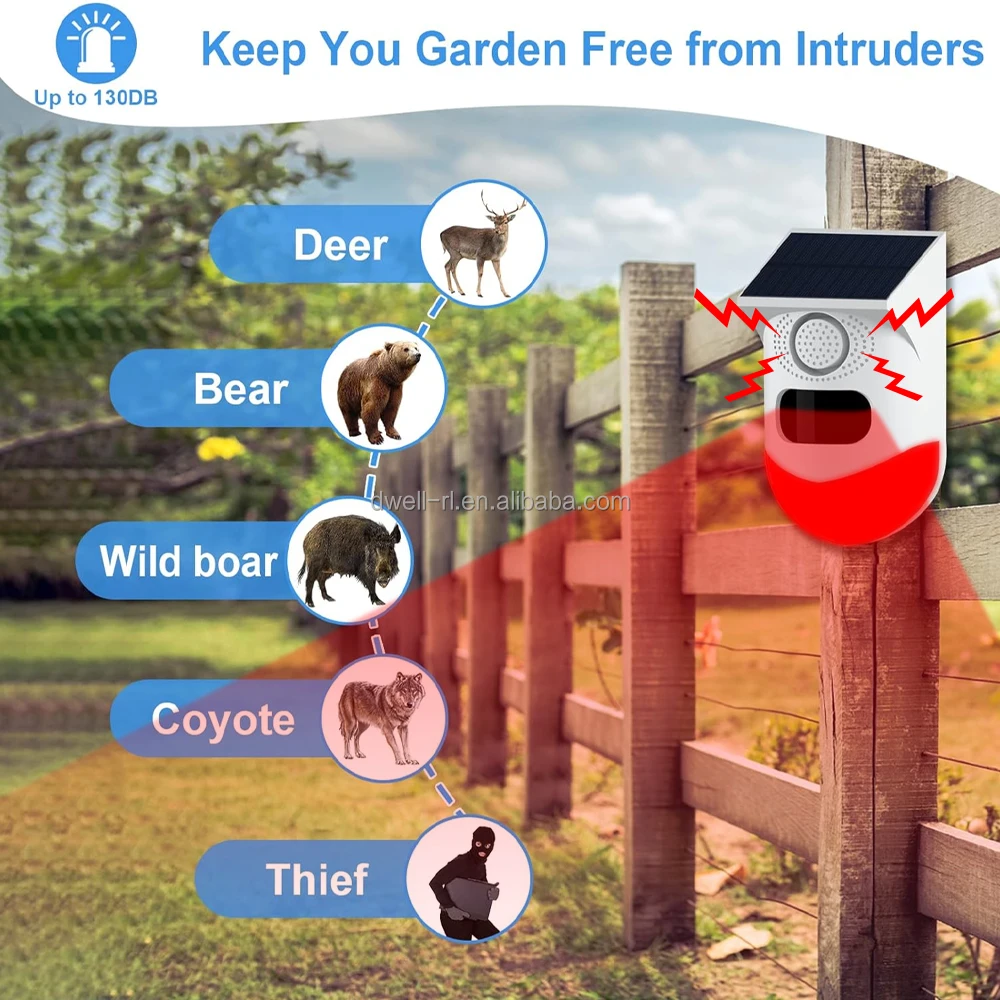 Solar Sound & Light Alarm Outdoor Motion Sensor 120db Siren Sound Alert