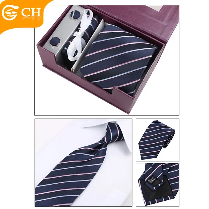 Custom Men Striped  Polyester Tie And Pocket Square Gift Box Set Necktie