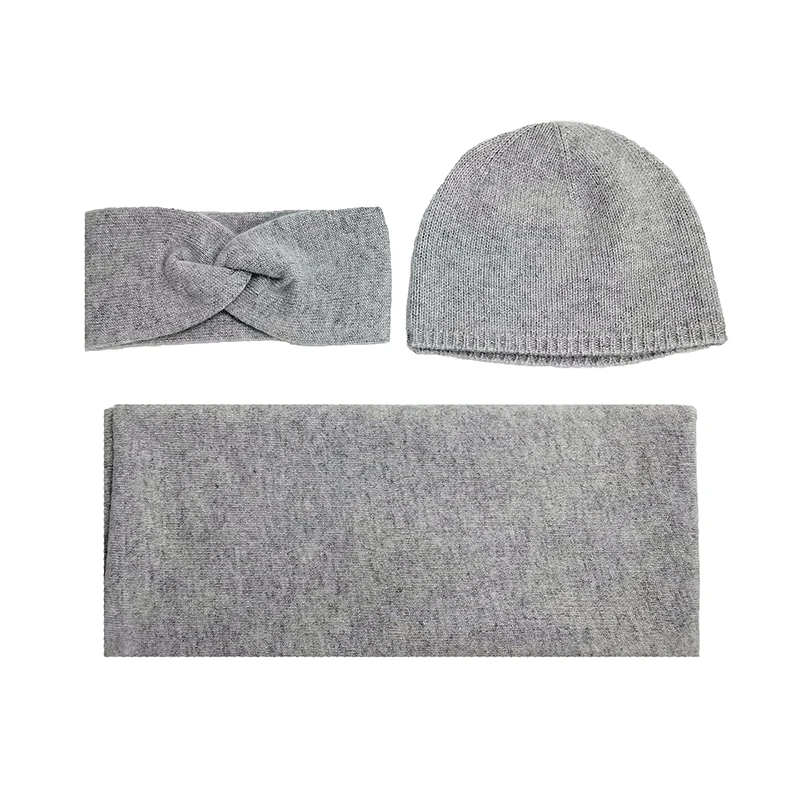 Set of Three Light Grey Pure Cashmere Headband Beanie and Triangular Scarf Pashmina Muffler