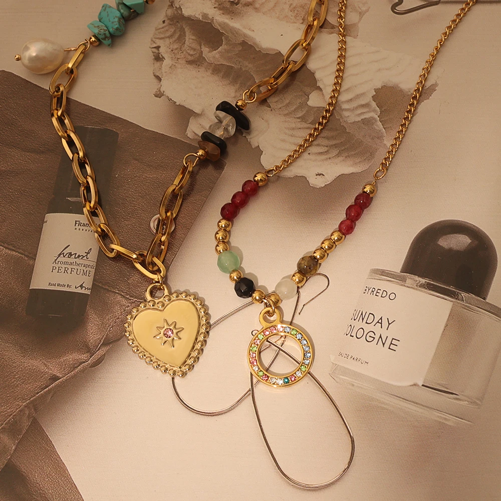 18K Gold Plated Necklace with Disc Eye mixed color diamond ring  Pendant Chic Green Bead Non Tarnish Necklace for Women
