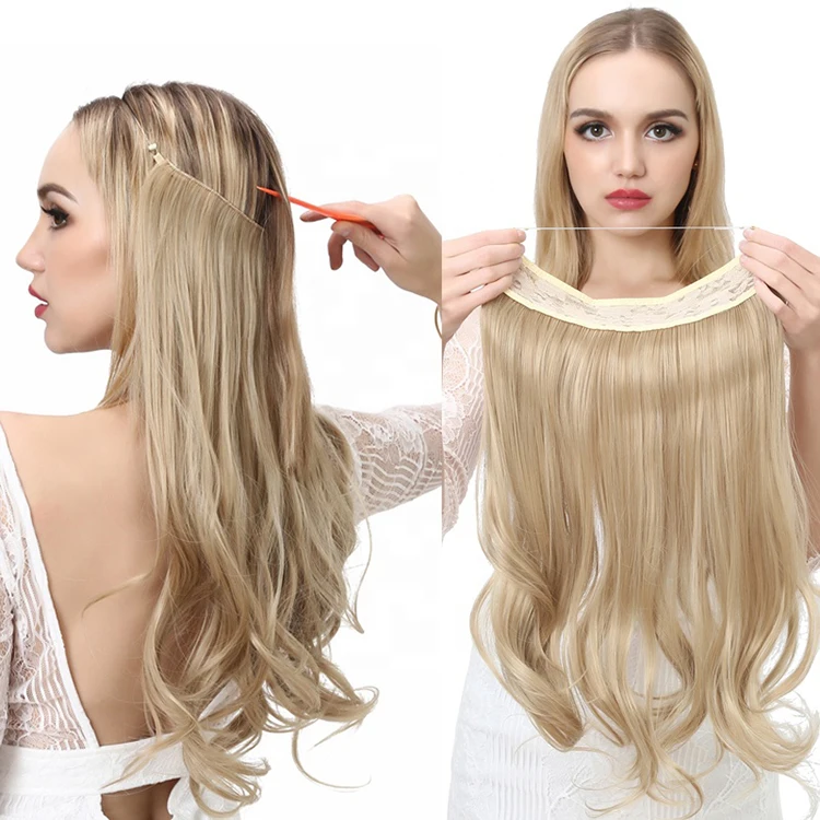  Invisible Wire Hair Extensions Secret Transparent Fish Line NO CLIP in Curly Wavy Hidden Crown Hairpiece for