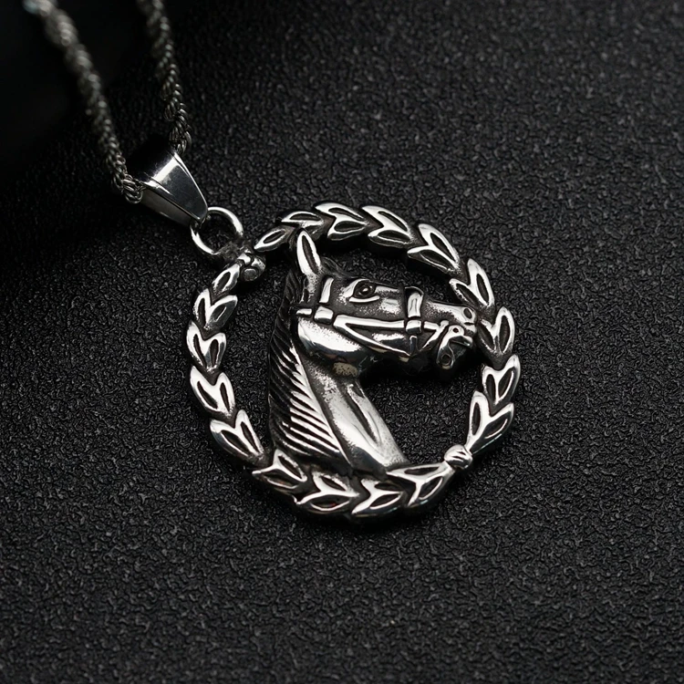 Custom Stainless Steel Animal Design Vintage Fashion Horse Head Olive Leaf Branch Circle Fine Jewelry Pendants for Women Men