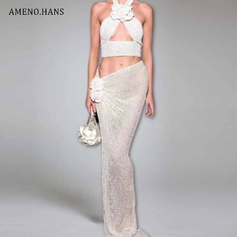 European&American summer sexy Kinked crochet slim skirt and halter top set women fashion vacation beach maxi long skirts for fem